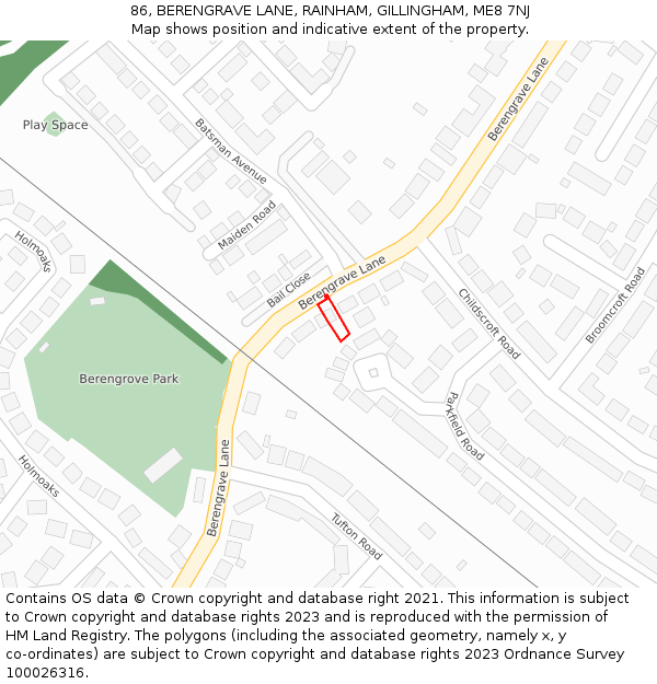 86, BERENGRAVE LANE, RAINHAM, GILLINGHAM, ME8 7NJ: Location map and indicative extent of plot