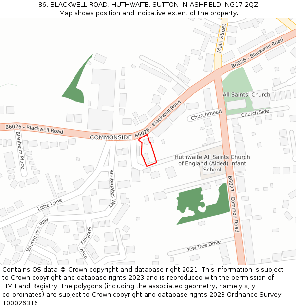 86, BLACKWELL ROAD, HUTHWAITE, SUTTON-IN-ASHFIELD, NG17 2QZ: Location map and indicative extent of plot