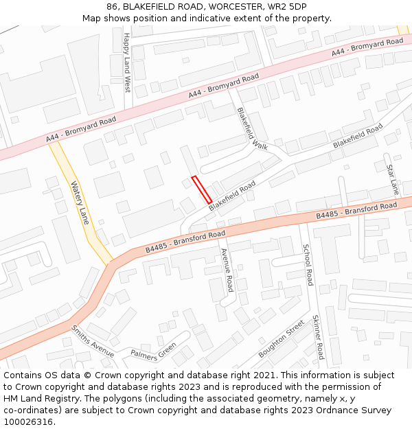 86, BLAKEFIELD ROAD, WORCESTER, WR2 5DP: Location map and indicative extent of plot