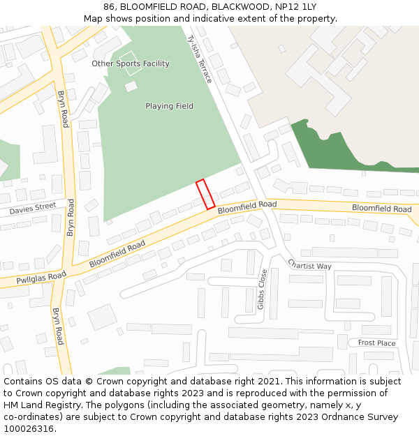 86, BLOOMFIELD ROAD, BLACKWOOD, NP12 1LY: Location map and indicative extent of plot