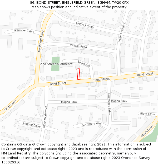 86, BOND STREET, ENGLEFIELD GREEN, EGHAM, TW20 0PX: Location map and indicative extent of plot