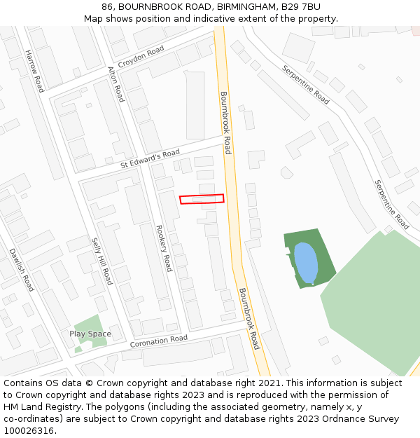 86, BOURNBROOK ROAD, BIRMINGHAM, B29 7BU: Location map and indicative extent of plot