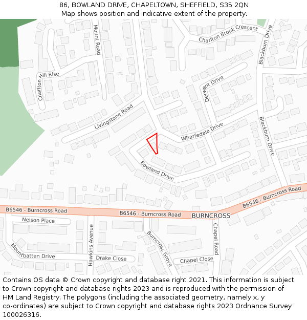 86, BOWLAND DRIVE, CHAPELTOWN, SHEFFIELD, S35 2QN: Location map and indicative extent of plot