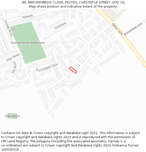 86, BRACKENBEDS CLOSE, PELTON, CHESTER LE STREET, DH2 1XJ: Location map and indicative extent of plot