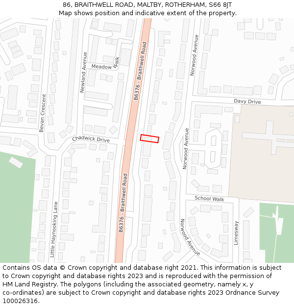 86, BRAITHWELL ROAD, MALTBY, ROTHERHAM, S66 8JT: Location map and indicative extent of plot