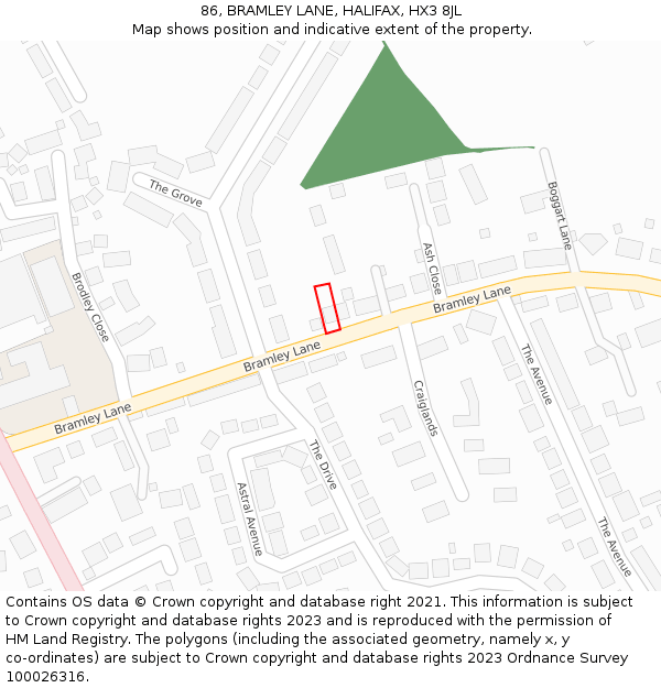 86, BRAMLEY LANE, HALIFAX, HX3 8JL: Location map and indicative extent of plot