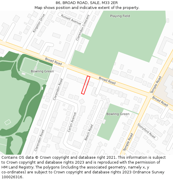 86, BROAD ROAD, SALE, M33 2ER: Location map and indicative extent of plot