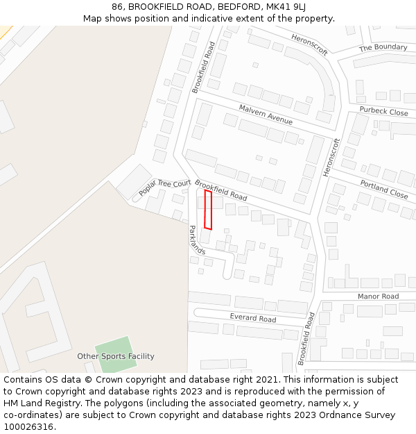 86, BROOKFIELD ROAD, BEDFORD, MK41 9LJ: Location map and indicative extent of plot