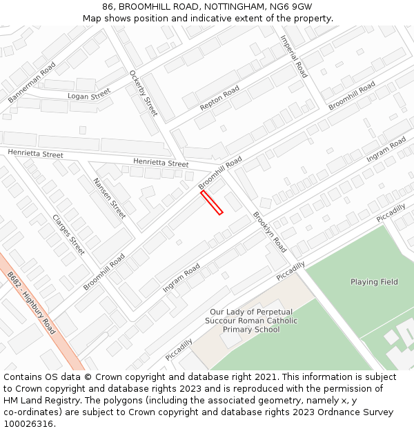 86, BROOMHILL ROAD, NOTTINGHAM, NG6 9GW: Location map and indicative extent of plot