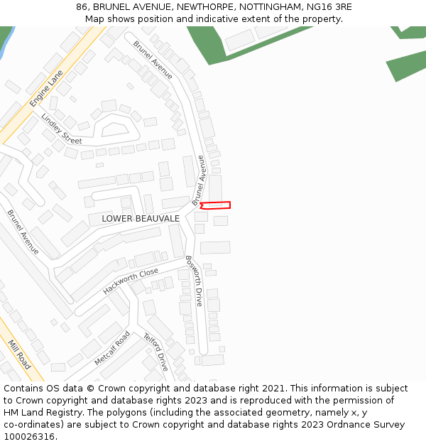 86, BRUNEL AVENUE, NEWTHORPE, NOTTINGHAM, NG16 3RE: Location map and indicative extent of plot