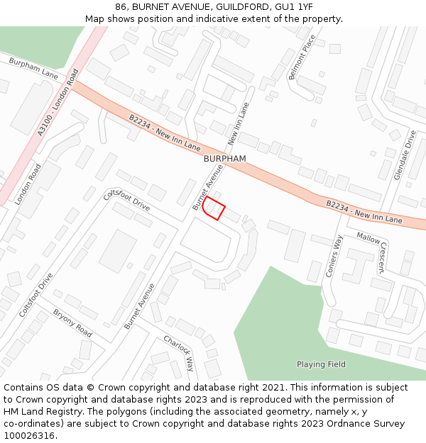 86, BURNET AVENUE, GUILDFORD, GU1 1YF: Location map and indicative extent of plot