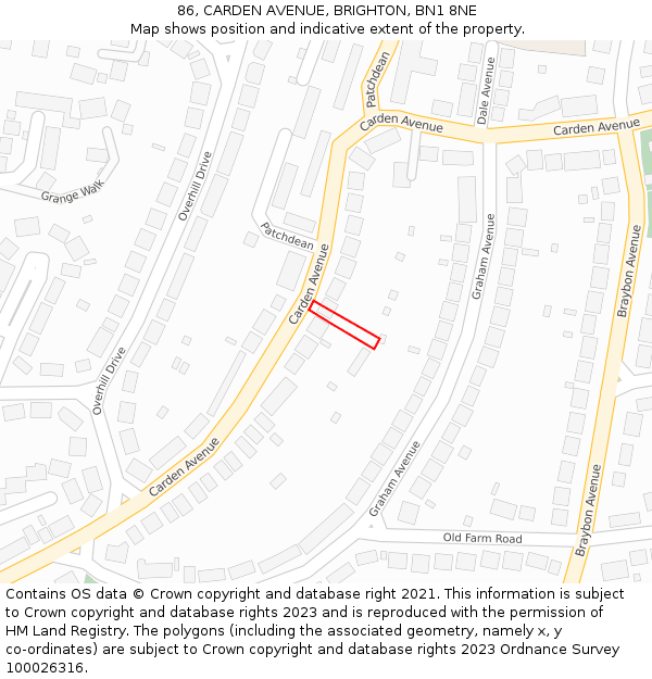 86, CARDEN AVENUE, BRIGHTON, BN1 8NE: Location map and indicative extent of plot