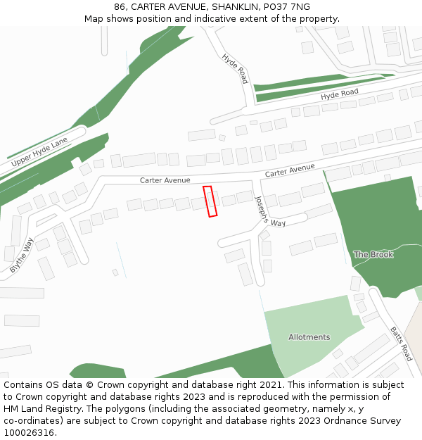 86, CARTER AVENUE, SHANKLIN, PO37 7NG: Location map and indicative extent of plot