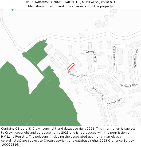 86, CHARNWOOD DRIVE, HARTSHILL, NUNEATON, CV10 0UF: Location map and indicative extent of plot