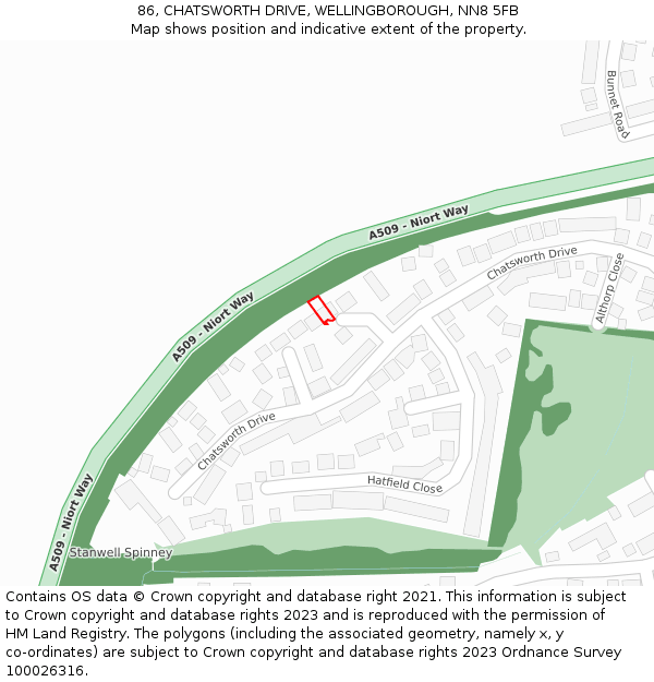 86, CHATSWORTH DRIVE, WELLINGBOROUGH, NN8 5FB: Location map and indicative extent of plot