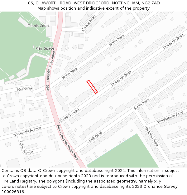 86, CHAWORTH ROAD, WEST BRIDGFORD, NOTTINGHAM, NG2 7AD: Location map and indicative extent of plot