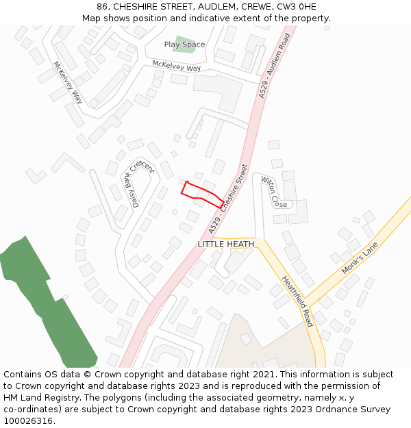 86, CHESHIRE STREET, AUDLEM, CREWE, CW3 0HE: Location map and indicative extent of plot