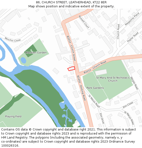 86, CHURCH STREET, LEATHERHEAD, KT22 8ER: Location map and indicative extent of plot