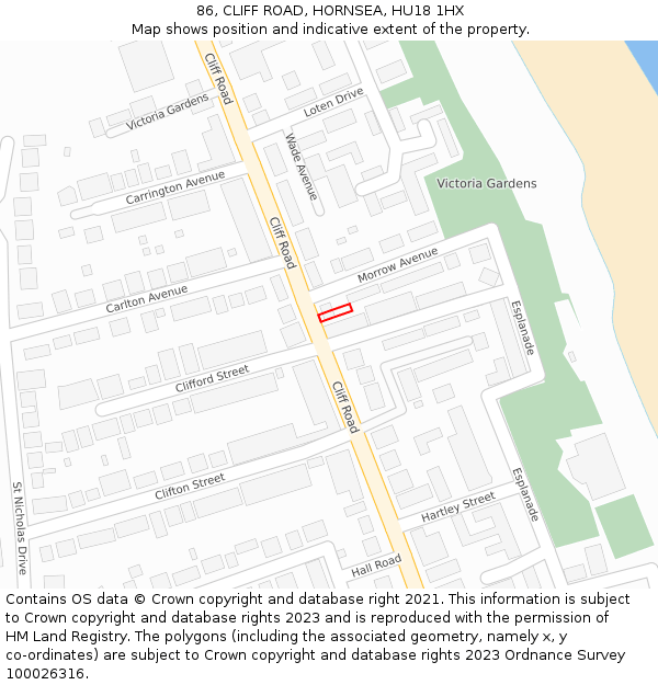 86, CLIFF ROAD, HORNSEA, HU18 1HX: Location map and indicative extent of plot