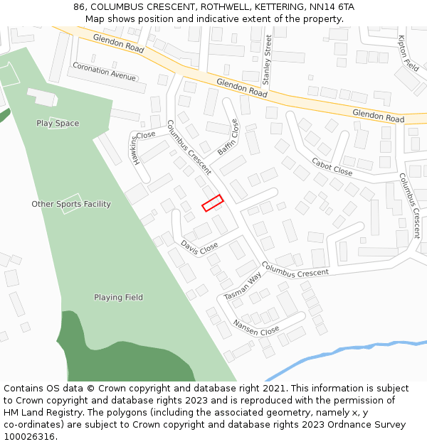 86, COLUMBUS CRESCENT, ROTHWELL, KETTERING, NN14 6TA: Location map and indicative extent of plot