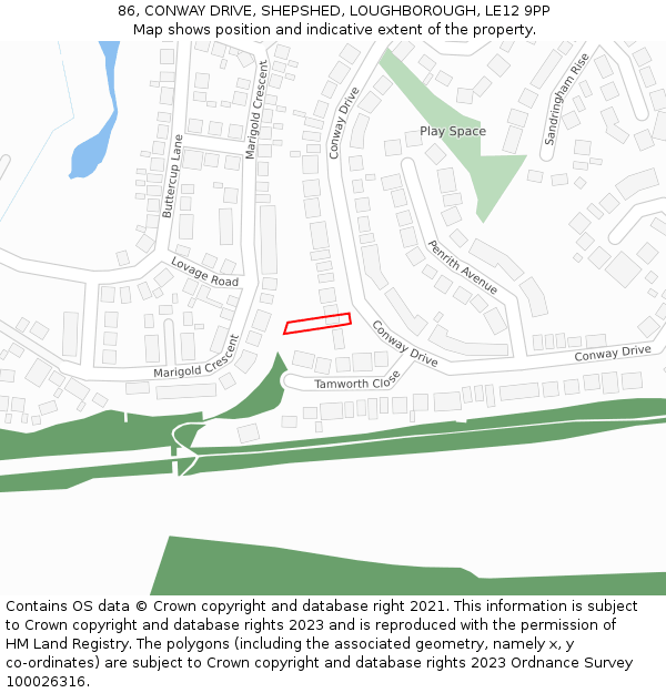 86, CONWAY DRIVE, SHEPSHED, LOUGHBOROUGH, LE12 9PP: Location map and indicative extent of plot