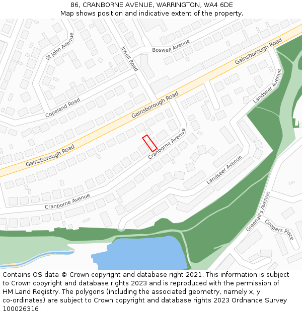 86, CRANBORNE AVENUE, WARRINGTON, WA4 6DE: Location map and indicative extent of plot