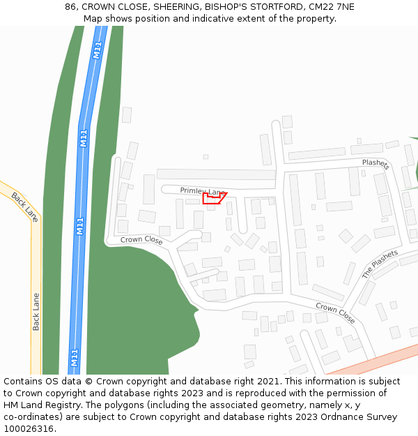 86, CROWN CLOSE, SHEERING, BISHOP'S STORTFORD, CM22 7NE: Location map and indicative extent of plot