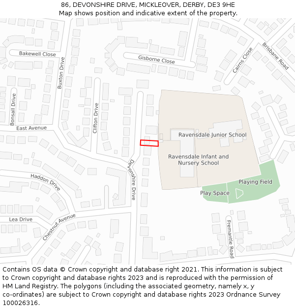 86, DEVONSHIRE DRIVE, MICKLEOVER, DERBY, DE3 9HE: Location map and indicative extent of plot