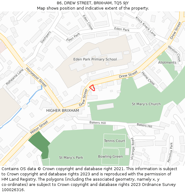 86, DREW STREET, BRIXHAM, TQ5 9JY: Location map and indicative extent of plot