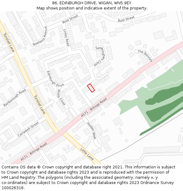 86, EDINBURGH DRIVE, WIGAN, WN5 9EY: Location map and indicative extent of plot