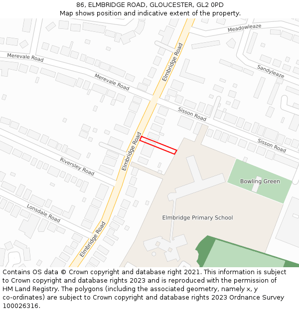 86, ELMBRIDGE ROAD, GLOUCESTER, GL2 0PD: Location map and indicative extent of plot