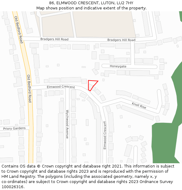 86, ELMWOOD CRESCENT, LUTON, LU2 7HY: Location map and indicative extent of plot