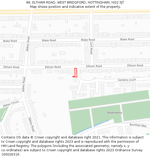 86, ELTHAM ROAD, WEST BRIDGFORD, NOTTINGHAM, NG2 5JT: Location map and indicative extent of plot