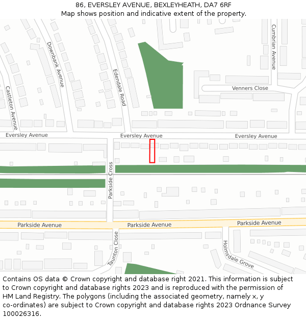 86, EVERSLEY AVENUE, BEXLEYHEATH, DA7 6RF: Location map and indicative extent of plot