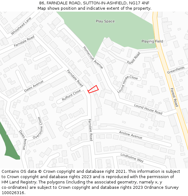 86, FARNDALE ROAD, SUTTON-IN-ASHFIELD, NG17 4NF: Location map and indicative extent of plot