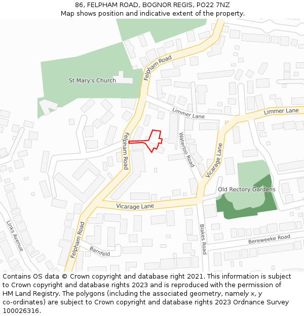 86, FELPHAM ROAD, BOGNOR REGIS, PO22 7NZ: Location map and indicative extent of plot