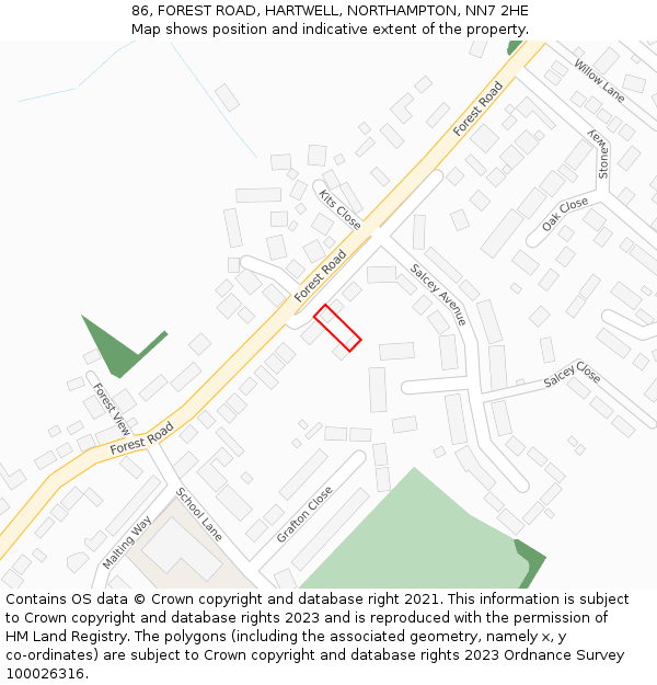 86, FOREST ROAD, HARTWELL, NORTHAMPTON, NN7 2HE: Location map and indicative extent of plot