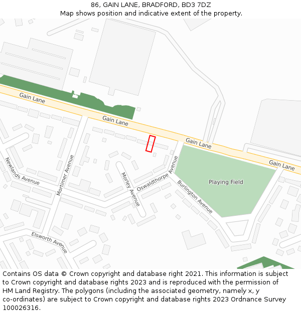 86, GAIN LANE, BRADFORD, BD3 7DZ: Location map and indicative extent of plot