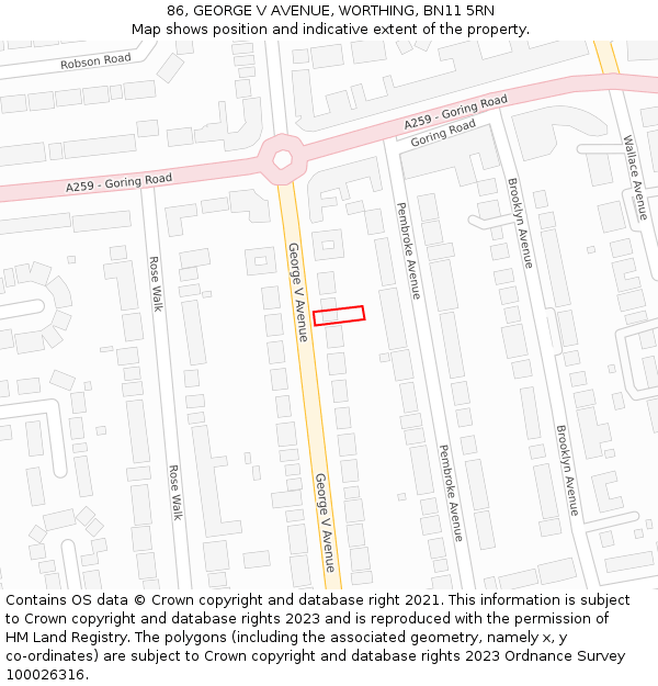 86, GEORGE V AVENUE, WORTHING, BN11 5RN: Location map and indicative extent of plot