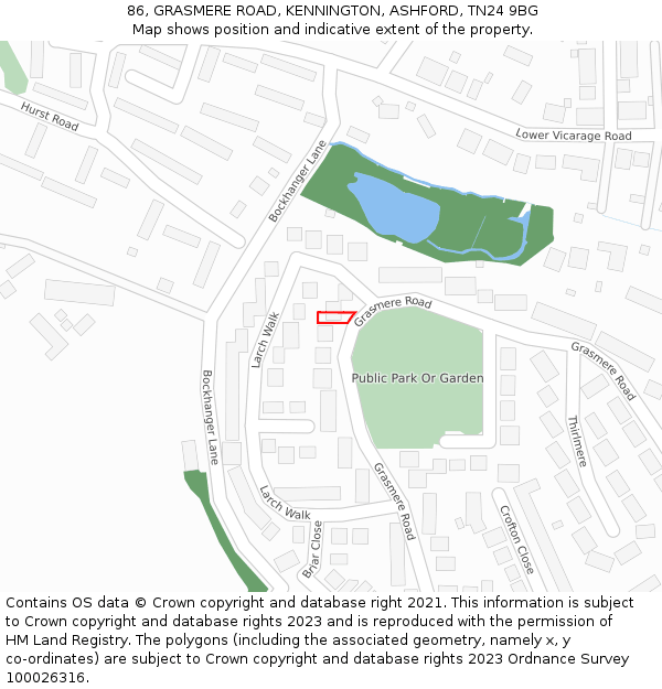 86, GRASMERE ROAD, KENNINGTON, ASHFORD, TN24 9BG: Location map and indicative extent of plot