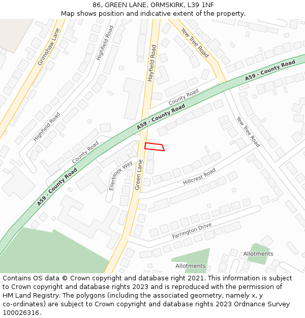 86, GREEN LANE, ORMSKIRK, L39 1NF: Location map and indicative extent of plot