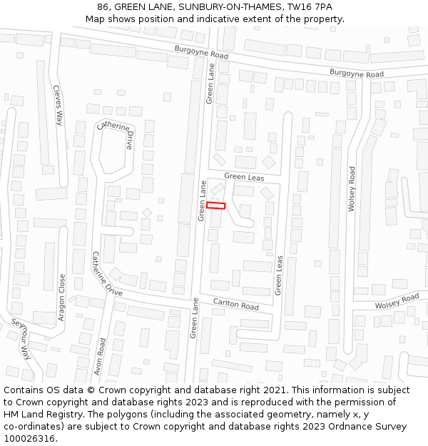86, GREEN LANE, SUNBURY-ON-THAMES, TW16 7PA: Location map and indicative extent of plot