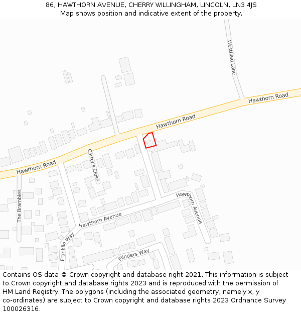 86, HAWTHORN AVENUE, CHERRY WILLINGHAM, LINCOLN, LN3 4JS: Location map and indicative extent of plot