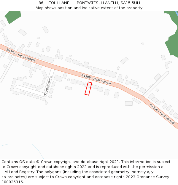 86, HEOL LLANELLI, PONTYATES, LLANELLI, SA15 5UH: Location map and indicative extent of plot