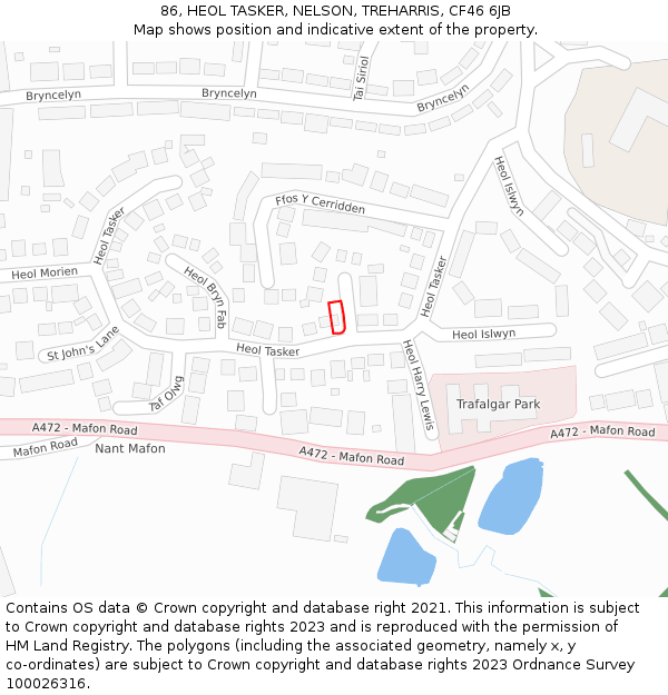 86, HEOL TASKER, NELSON, TREHARRIS, CF46 6JB: Location map and indicative extent of plot