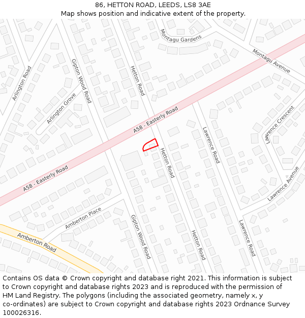 86, HETTON ROAD, LEEDS, LS8 3AE: Location map and indicative extent of plot