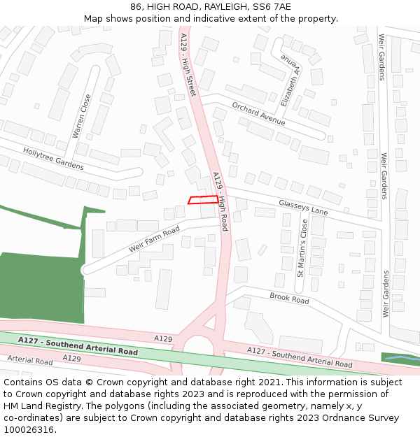 86, HIGH ROAD, RAYLEIGH, SS6 7AE: Location map and indicative extent of plot