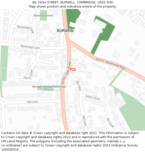 86, HIGH STREET, BURWELL, CAMBRIDGE, CB25 0HD: Location map and indicative extent of plot