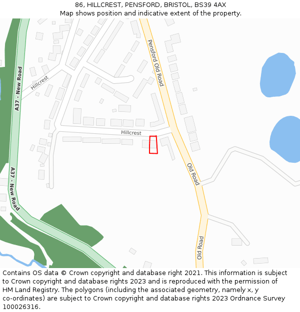 86, HILLCREST, PENSFORD, BRISTOL, BS39 4AX: Location map and indicative extent of plot