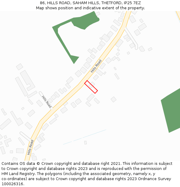 86, HILLS ROAD, SAHAM HILLS, THETFORD, IP25 7EZ: Location map and indicative extent of plot